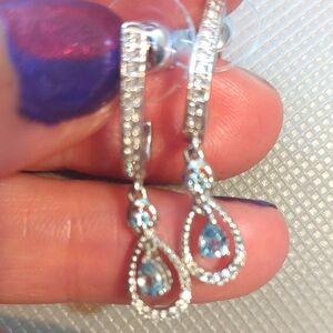 Platinum plated sterling silver aqua drop earrings